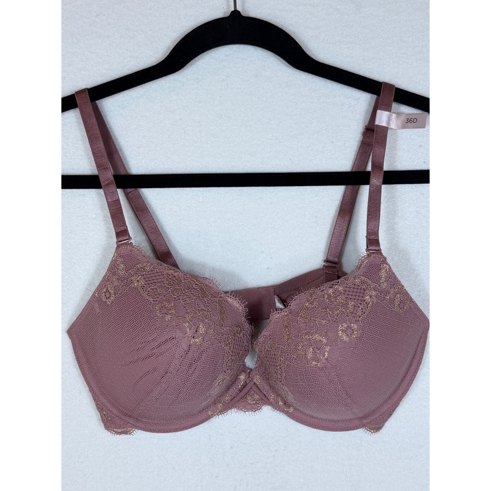 Ambrielle Lace Plunge Pushup Bra‎ Women 36D Mauve Gold Shimmer Underwire